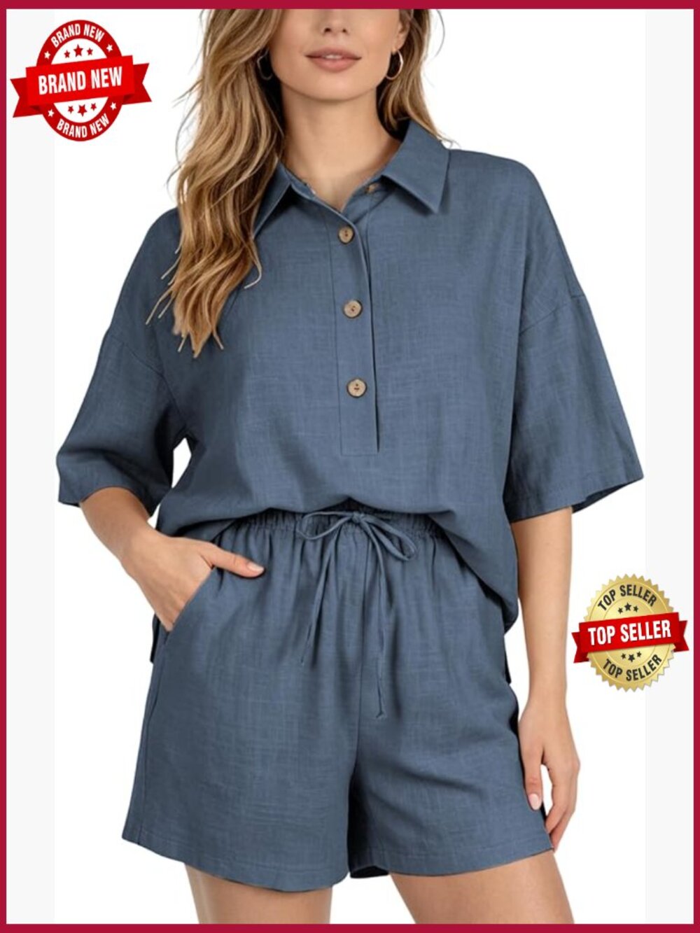 Womens 2 Piece Linen Short Set Casual Summer Button Down Matching Shorts Lounge